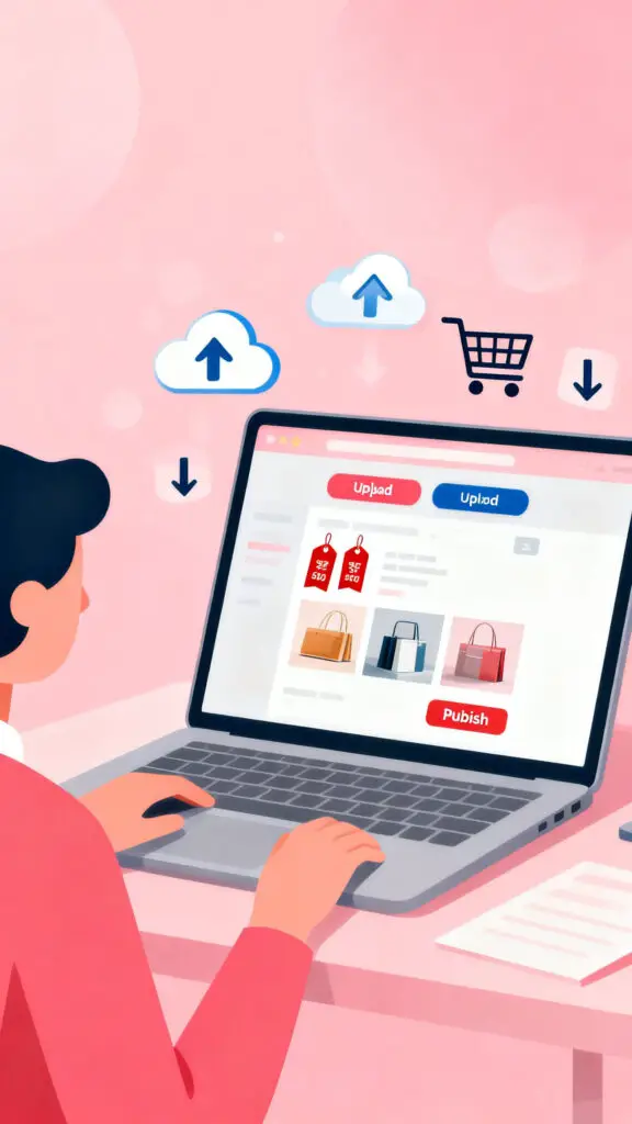 Illustration of a person planning a digital product by analyzing audience needs with notes and idea icons on a pastel pink background.