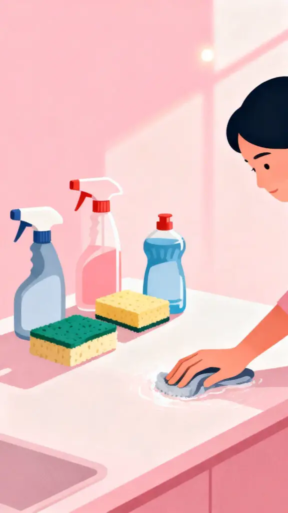 Things I Always Buy at the Dollar Tree to Save Money 2 Illustration of affordable cleaning supplies like sprays and sponges on a pastel pink background.