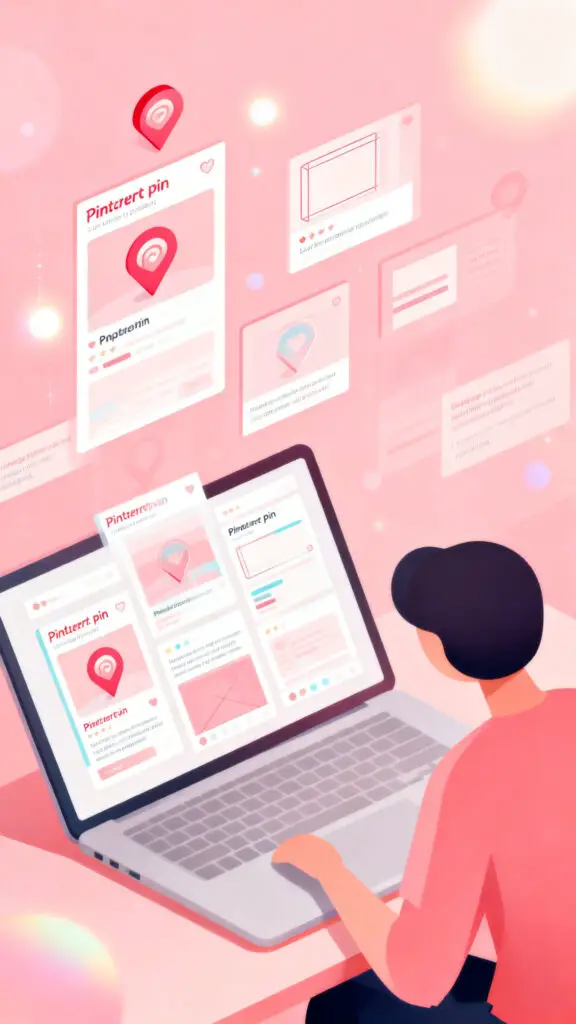 Illustration of a creator designing multiple Pinterest pins for one printable with different layouts on a pastel pink background.