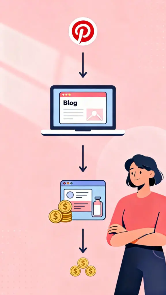 Illustration of a Pinterest pin leading to a blog post and then to a product sale on a pastel pink background.