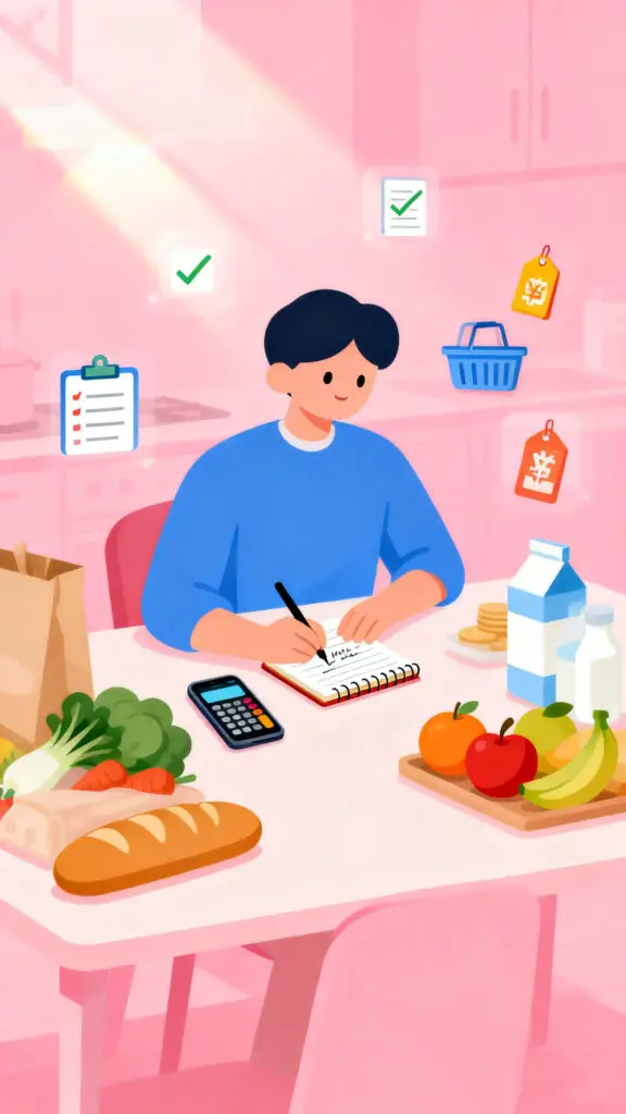 Illustration of a person creating a weekly grocery list and budgeting for food expenses with groceries and checklist icons on a pastel pink background.