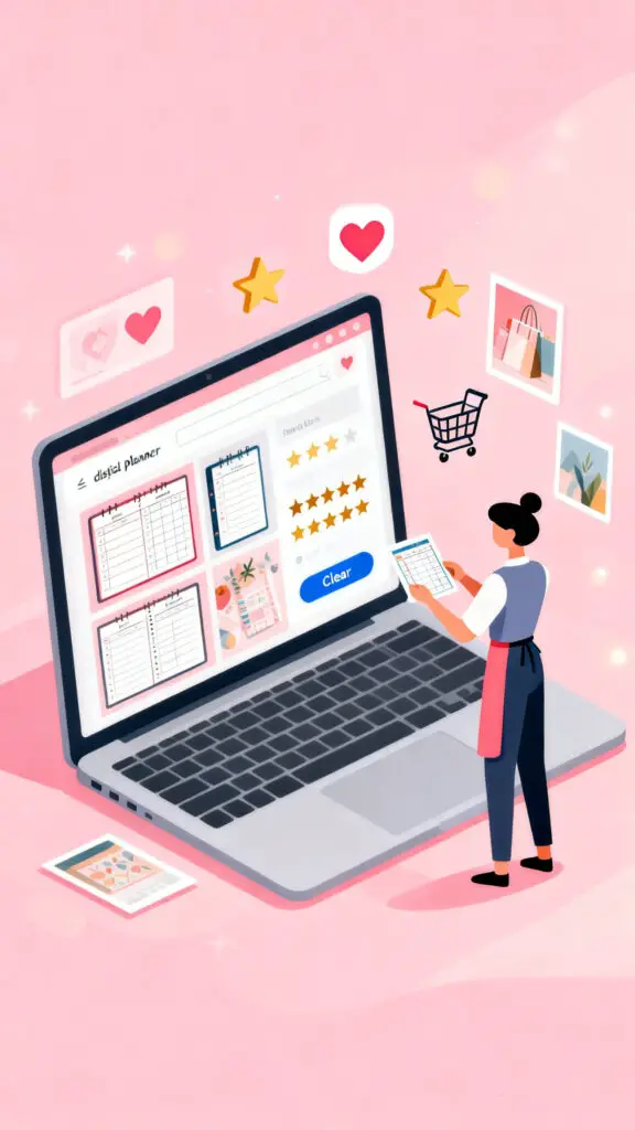 Illustration of a seller creating an attractive Etsy listing for a digital planner with preview images and shopping icons on a pastel pink background.