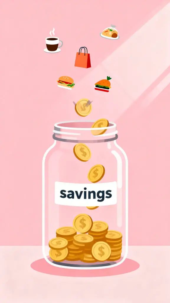 How to Save $10K Fast on a Lower Income 3 Illustration of everyday expenses like coffee and shopping being redirected into a savings jar on a pastel pink background