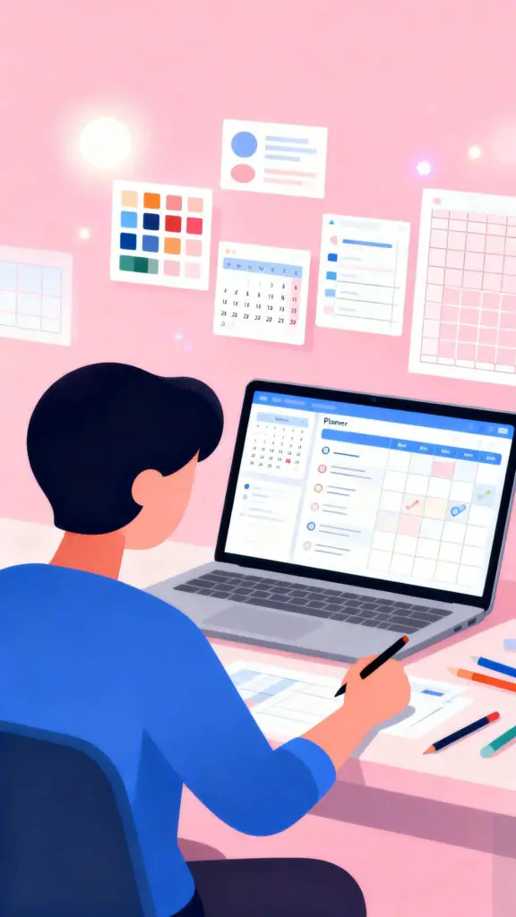 Illustration of a person designing a digital planner with simple tools on a laptop showing layouts and design elements on a pastel pink background.