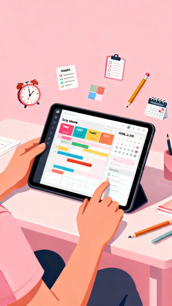 Illustration of a person organizing their schedule using a digital planner on a tablet with icons for tasks and goals on a pastel pink background.