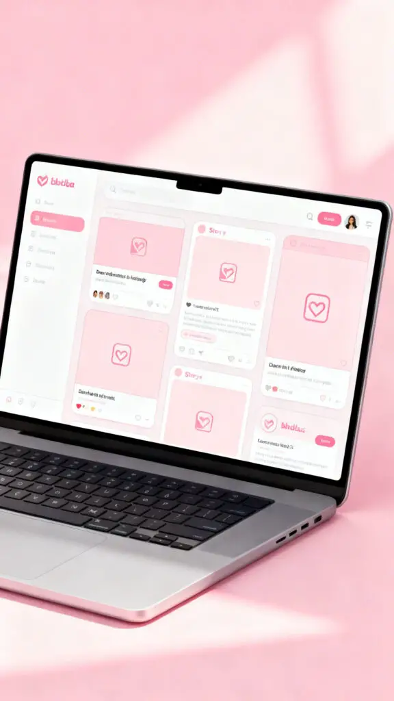 Illustration of digital social media templates being created and edited on a pastel pink background.