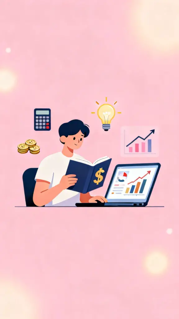 Illustration of a person learning financial education with books, charts, and budgeting tools on a pastel pink background.