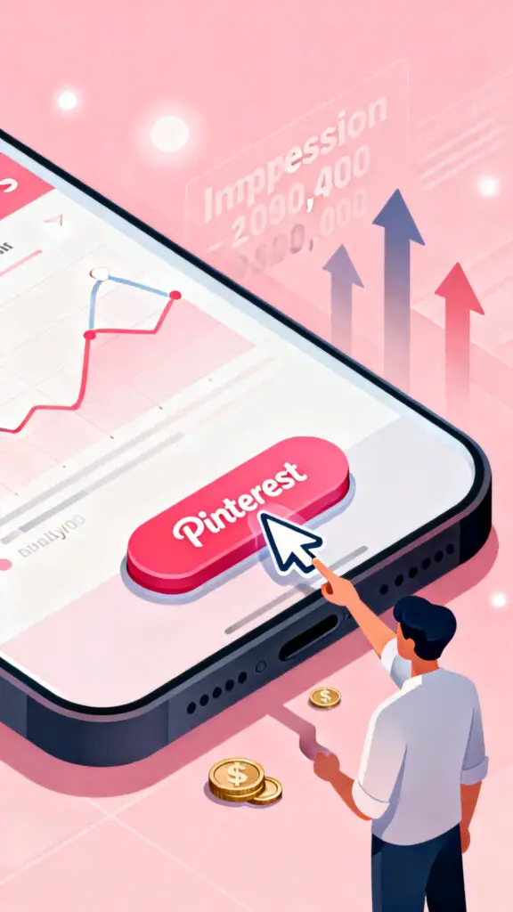 Illustration showing the difference between impressions and clicks on Pinterest analytics with focus on clicks against a pastel pink background.