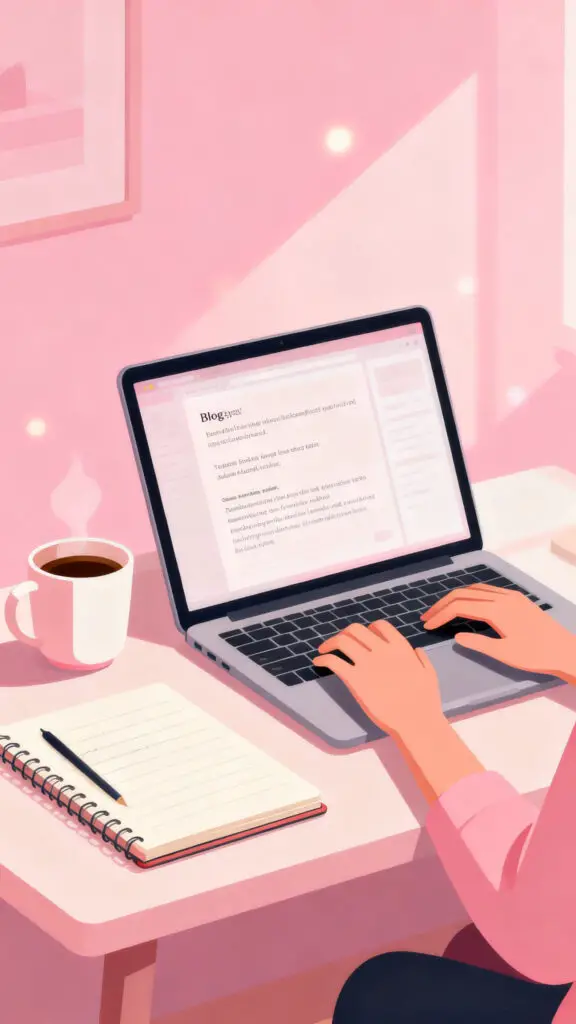 Illustration of a person freelance writing on a laptop in a cozy pastel pink workspace.