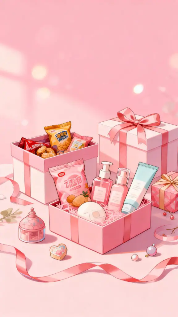 Things To Sell From Home To Make Money 3 Illustration of curated gift boxes and bundles arranged neatly on a pastel pink background.