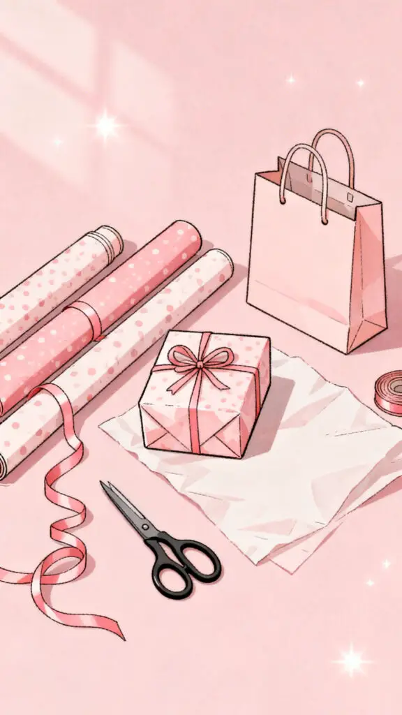 Things I Always Buy at the Dollar Tree to Save Money 3 Illustration of budget-friendly gift wrapping supplies with ribbons and gift boxes on a pastel pink background.