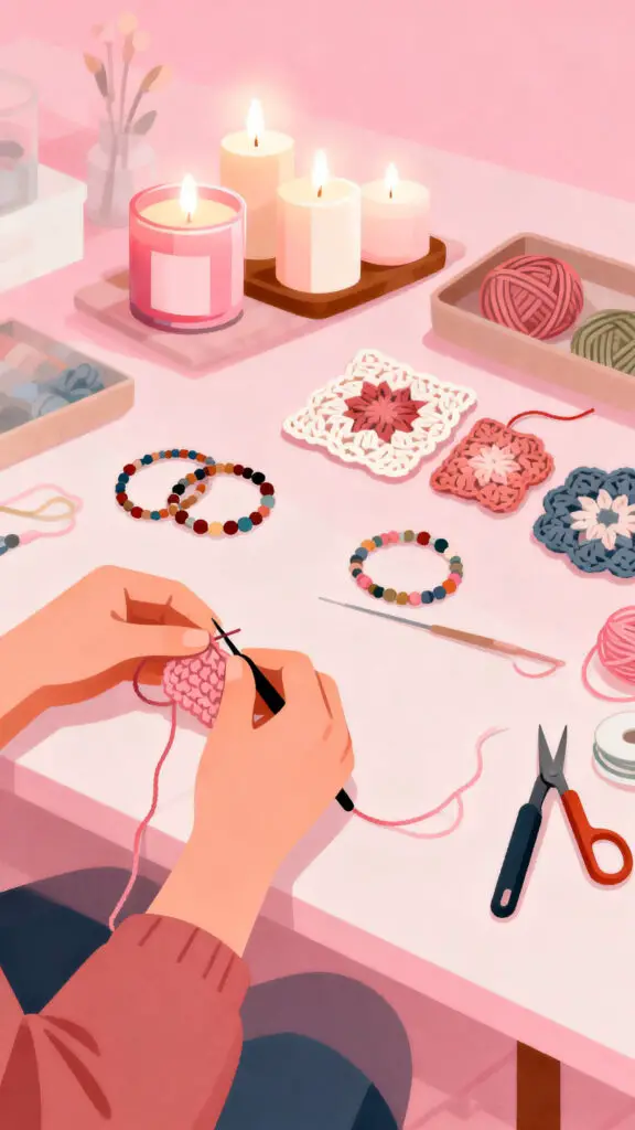 Things To Sell From Home To Make Money 2 Illustration of handmade crafts like candles and bracelets being created in a cozy pastel pink workspace.