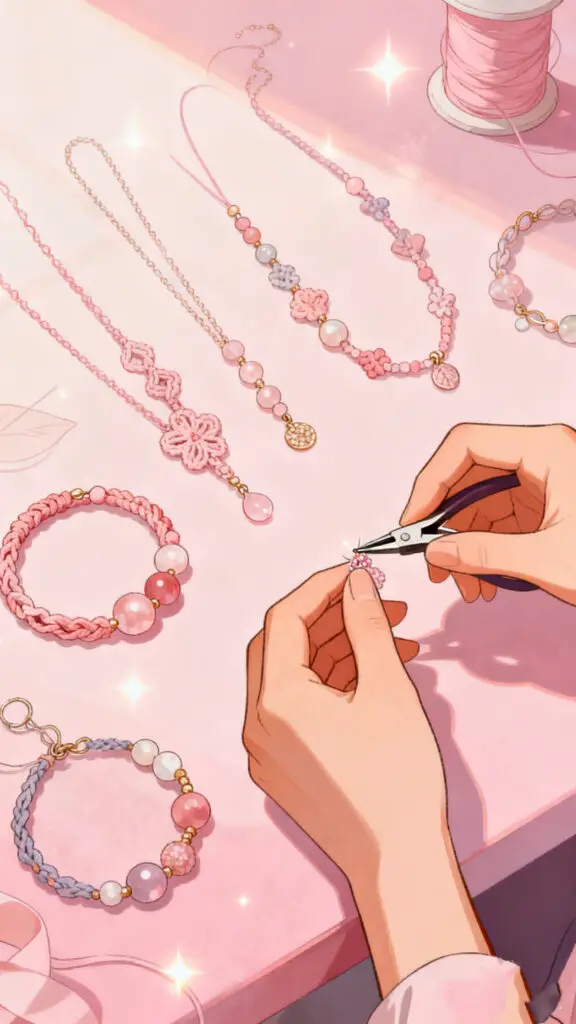 Illustration of handmade jewelry being crafted and displayed on a pastel pink background.