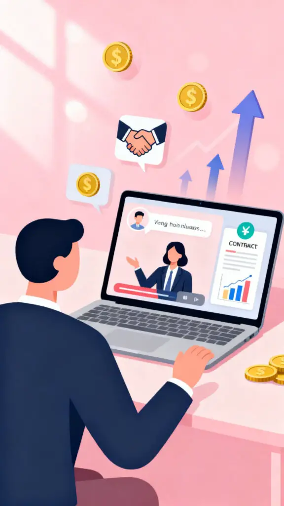 Illustration of a remote sales professional closing a high-ticket deal through a laptop video call on a pastel pink background.