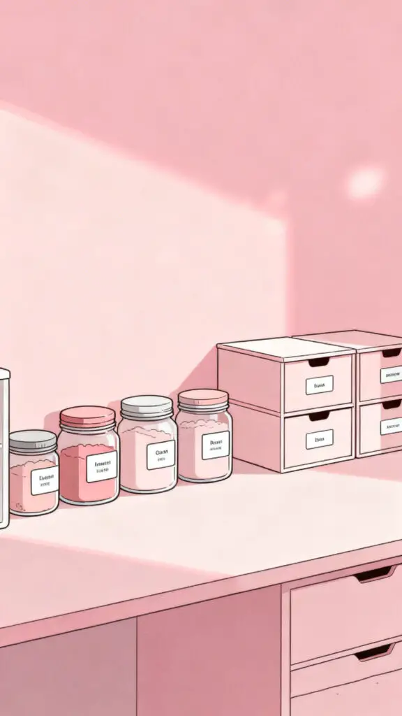 Illustration of labeled storage containers and organizers made with Cricut on a pastel pink background.