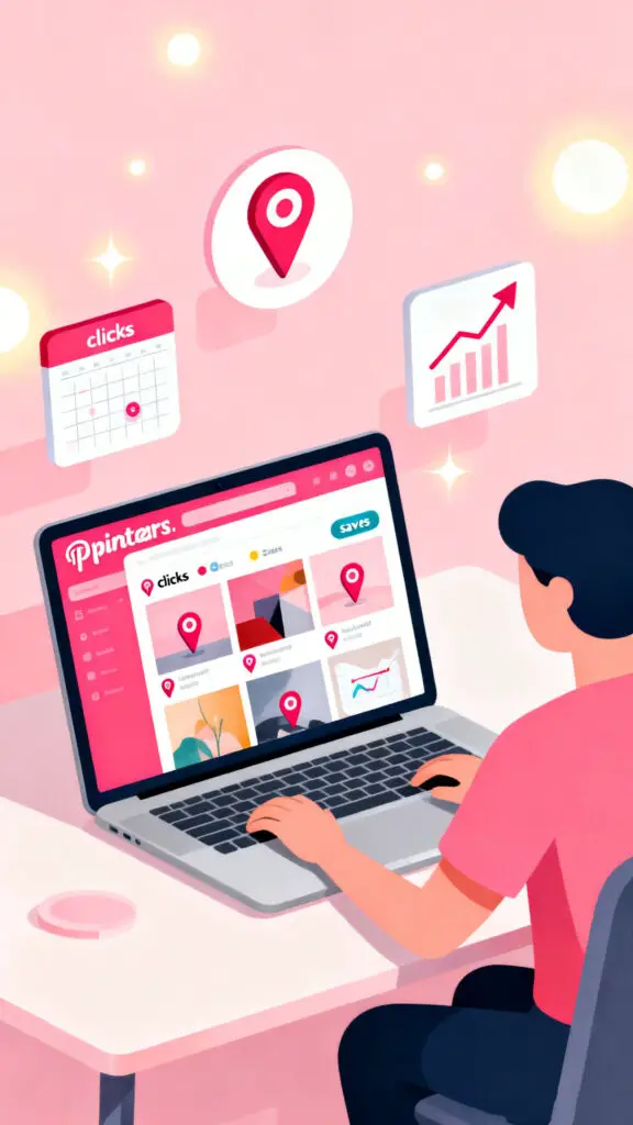 Illustration of a freelancer managing Pinterest marketing and scheduling pins on a laptop with growth icons on a pastel pink background.