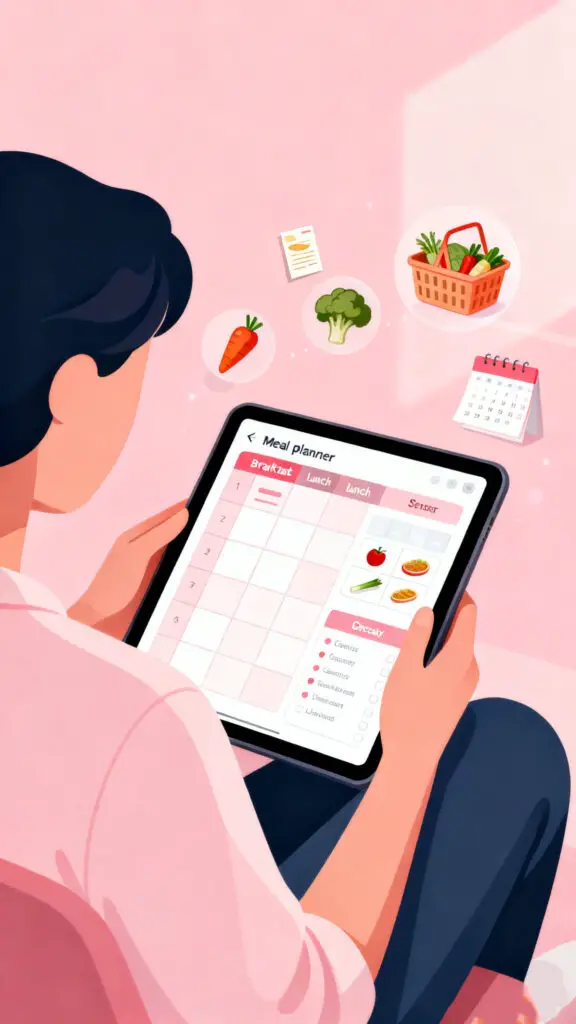 Illustration of a person organizing weekly meals and grocery lists using a digital meal planning guide on a pastel pink background.