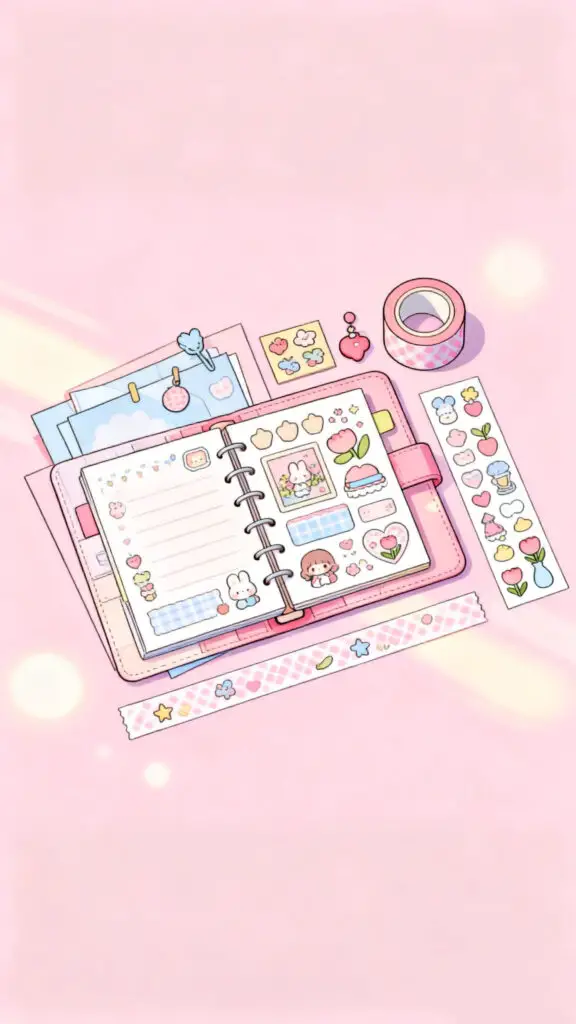 Illustration of a mini scrapbooking kit with decorative supplies on a pastel pink background.
