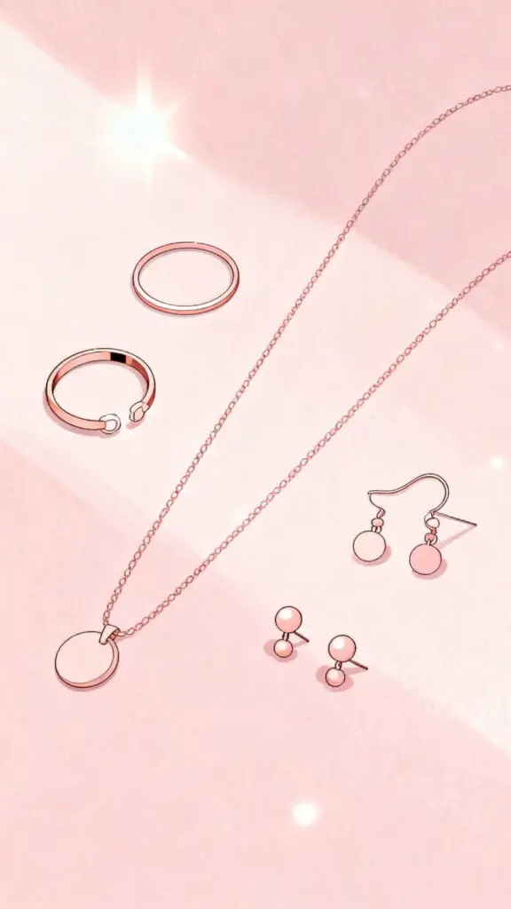 Jewelry Crafts to Sell and Make Money 3 Illustration of minimalist jewelry pieces like thin rings and simple necklaces on a pastel pink background.