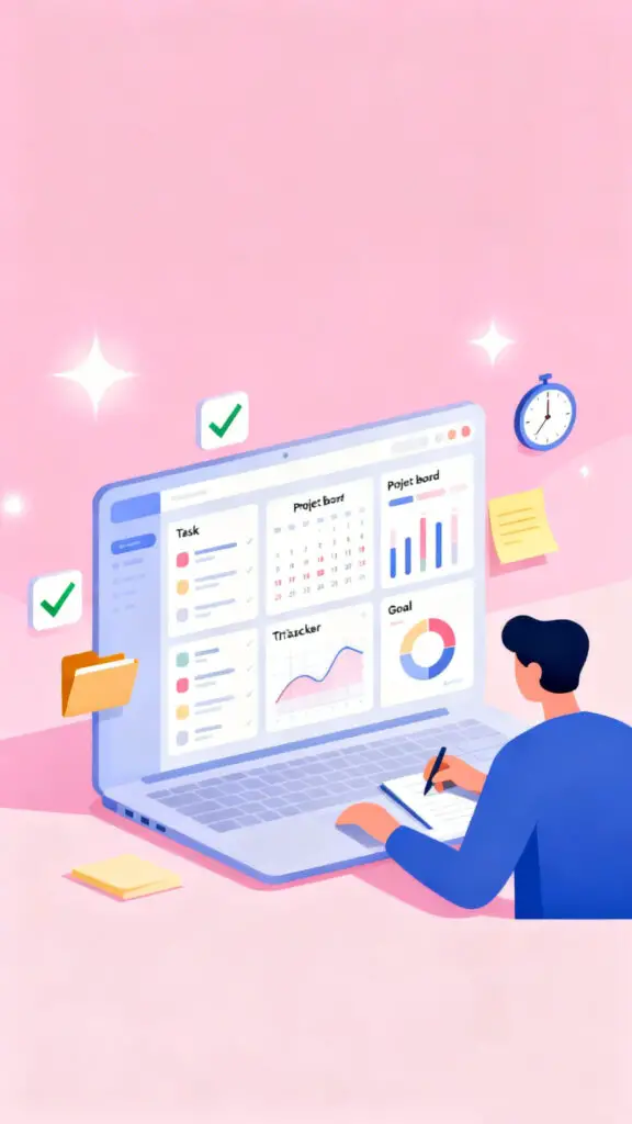 Illustration of a person organizing tasks and projects using a digital productivity dashboard template on a pastel pink background.