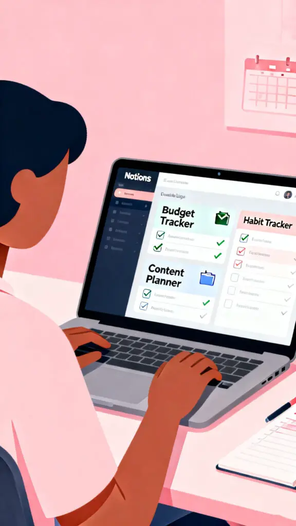 Fastest Selling Digital Products in 2026 2 Illustration of a person using organized Notion templates for productivity on a pastel pink background.