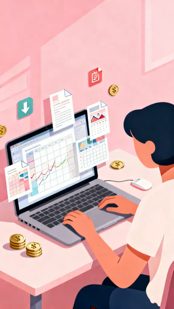 How To Make Money From Etsy 5 Illustration of a person creating and selling digital downloads for an Etsy shop on a pastel pink background.