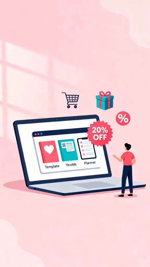 How to Price Your Digital Product for Maximum Sales 3 Illustration of digital products bundled together with a discount offer displayed on a laptop on a pastel pink background.