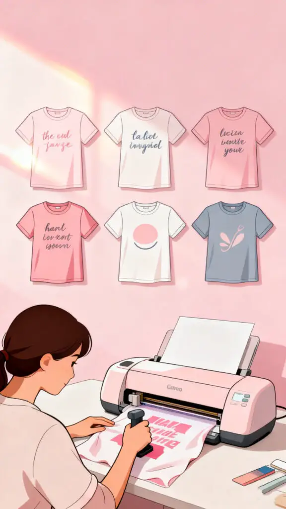 Illustration of personalized t-shirts being created with a Cricut machine on a pastel pink background.