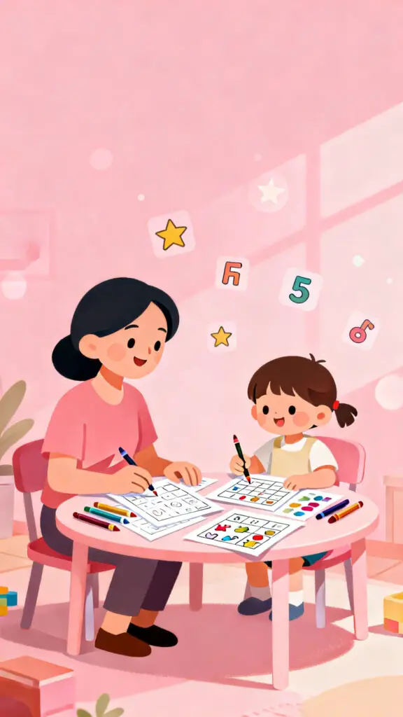 Fastest Selling Digital Products in 2026 3 Illustration of a child using printable kids activity sheets for learning on a pastel pink background.