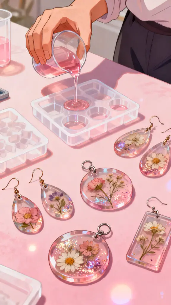 Jewelry Crafts to Sell and Make Money 2 Illustration of handmade resin jewelry with flowers and glitter on a pastel pink background.