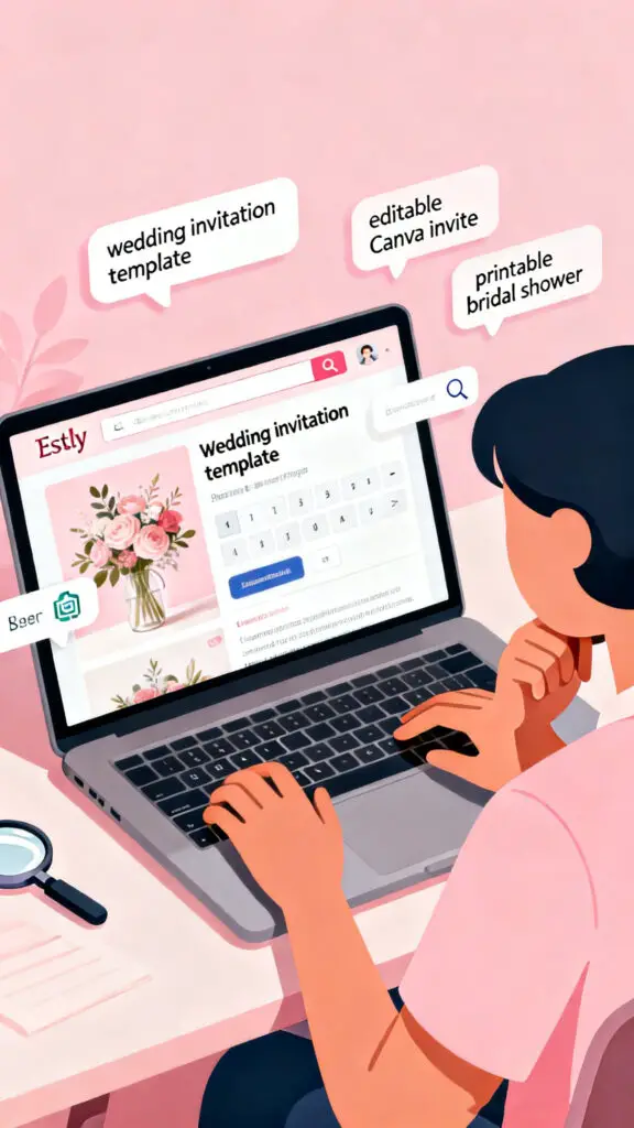 Illustration of a seller optimizing an Etsy product title with keyword bubbles on a pastel pink background.