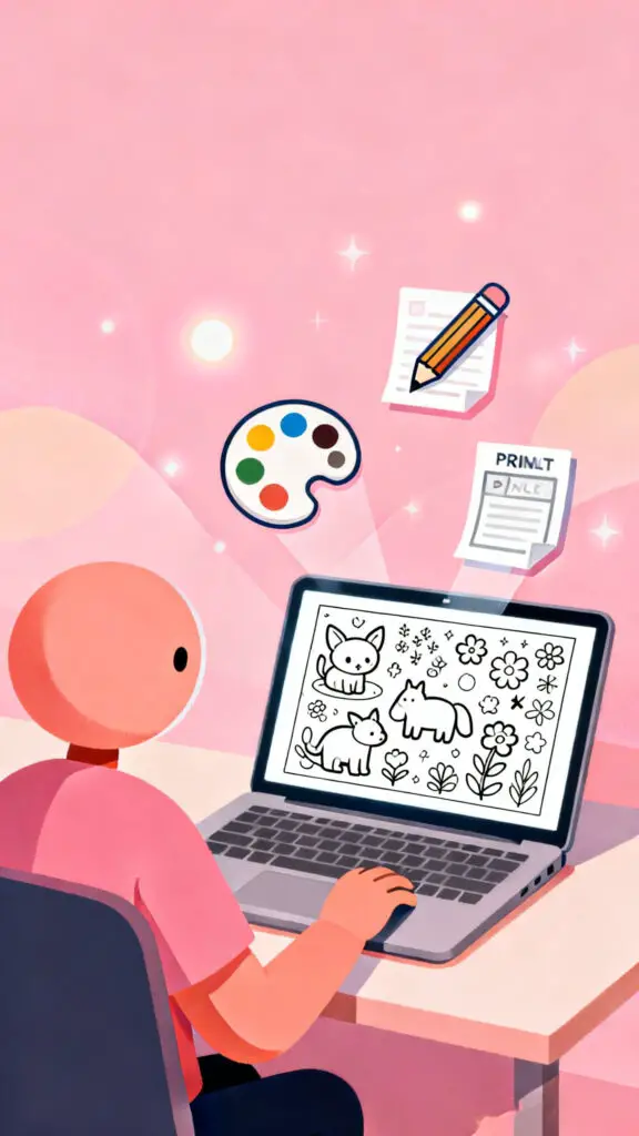 Illustration of a person creating AI-generated coloring book pages on a laptop with art icons on a pastel pink background.
