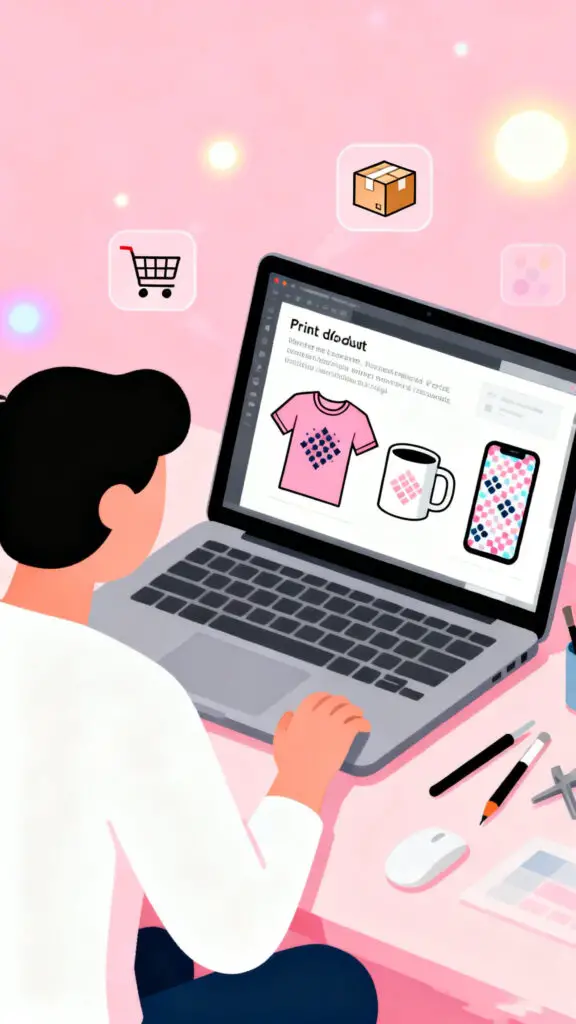 Illustration of a person creating print-on-demand products like t-shirts and mugs using a laptop on a pastel pink background.