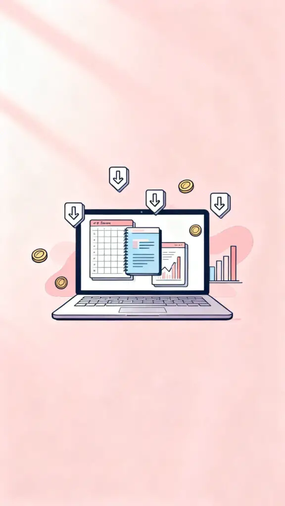 Illustration of selling digital products like planners and templates online using Pinterest on a pastel pink background.