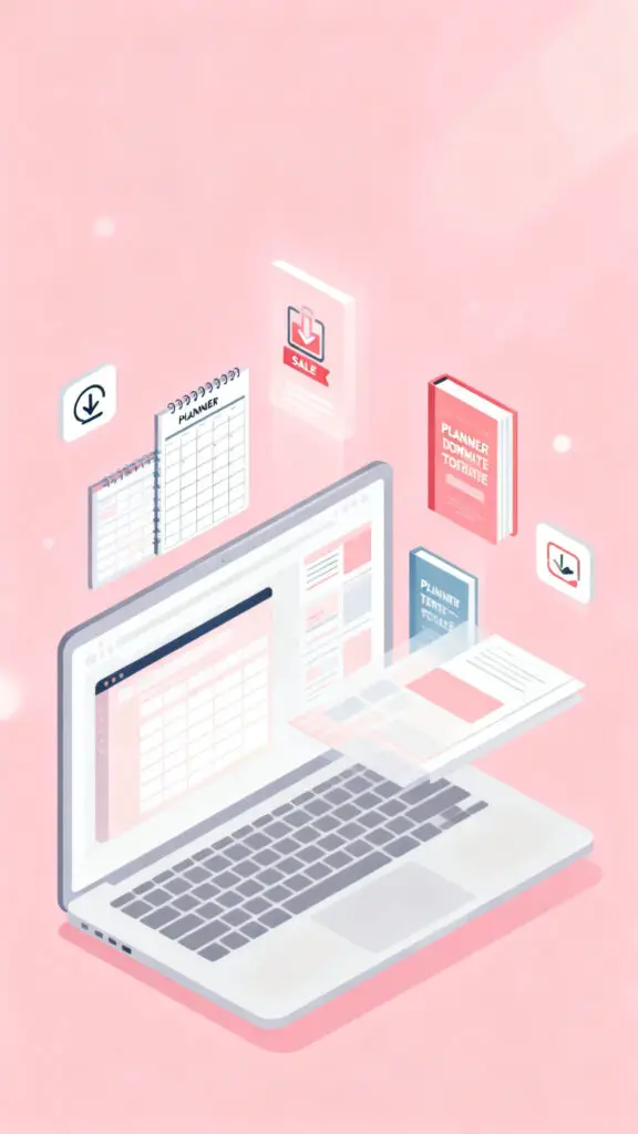 Illustration of digital products like planners and templates being sold online with a pastel pink theme.
