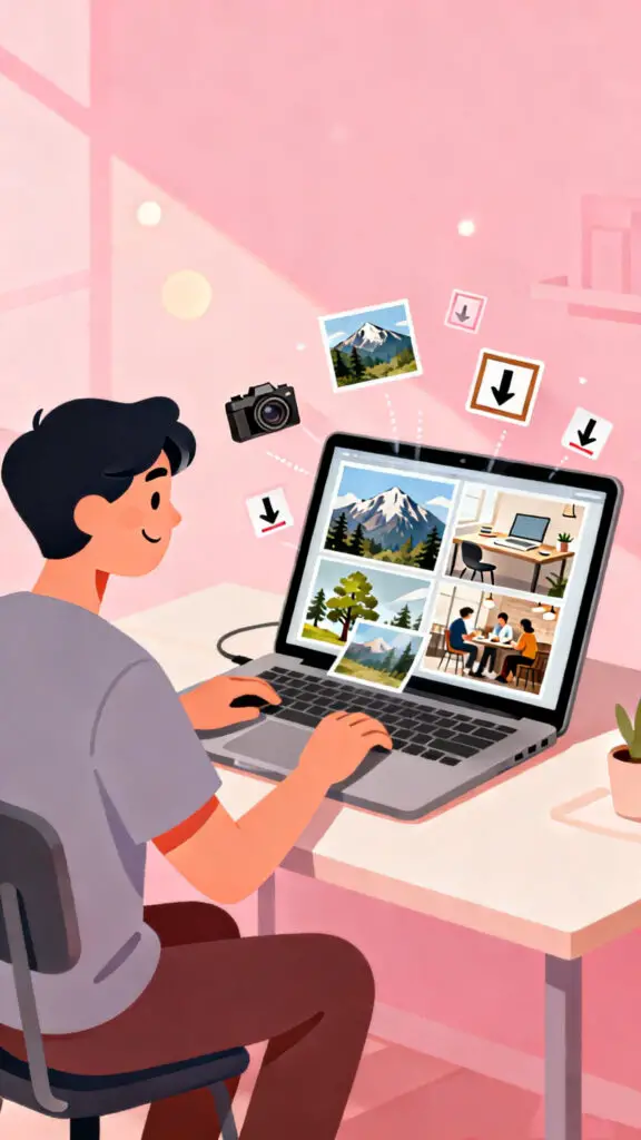 Illustration of a photographer uploading stock photos to an online marketplace using a laptop on a pastel pink background.