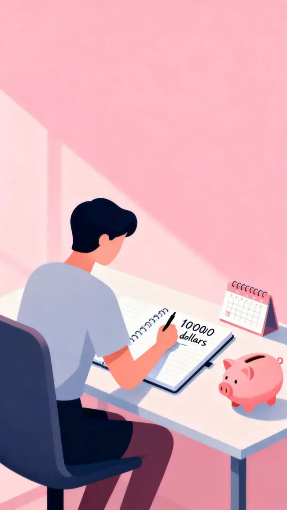 How to Save $10K Fast on a Lower Income 2 Illustration of a person writing a 10000 dollar savings goal in a notebook with a piggy bank and calendar on a pastel pink background