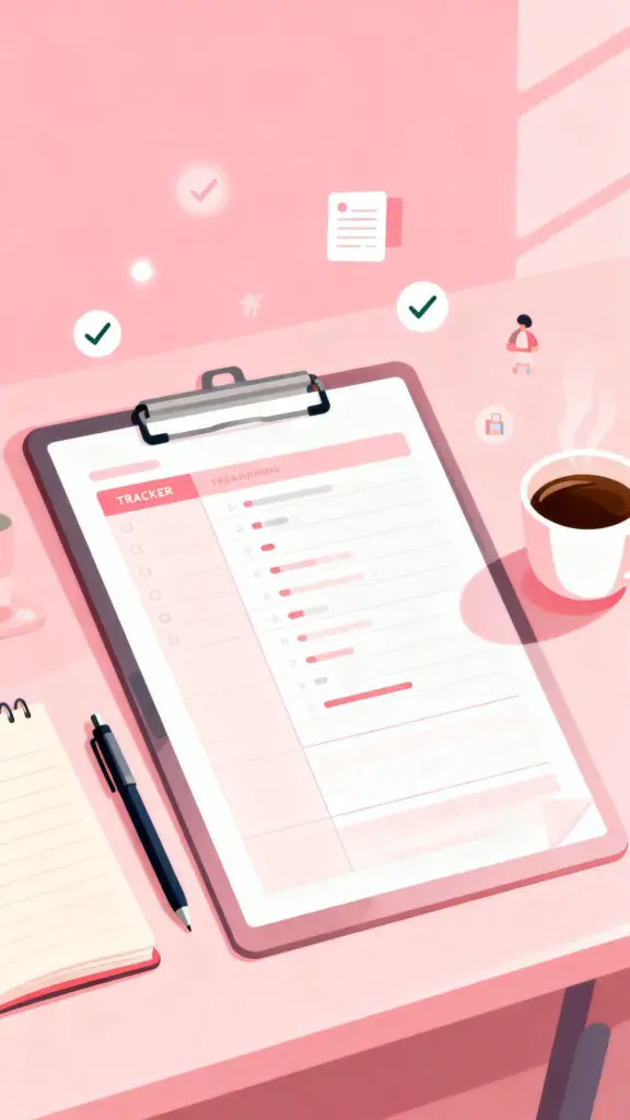 Illustration of a printable planner being used on a desk with everyday items like a pen and coffee on a pastel pink background.