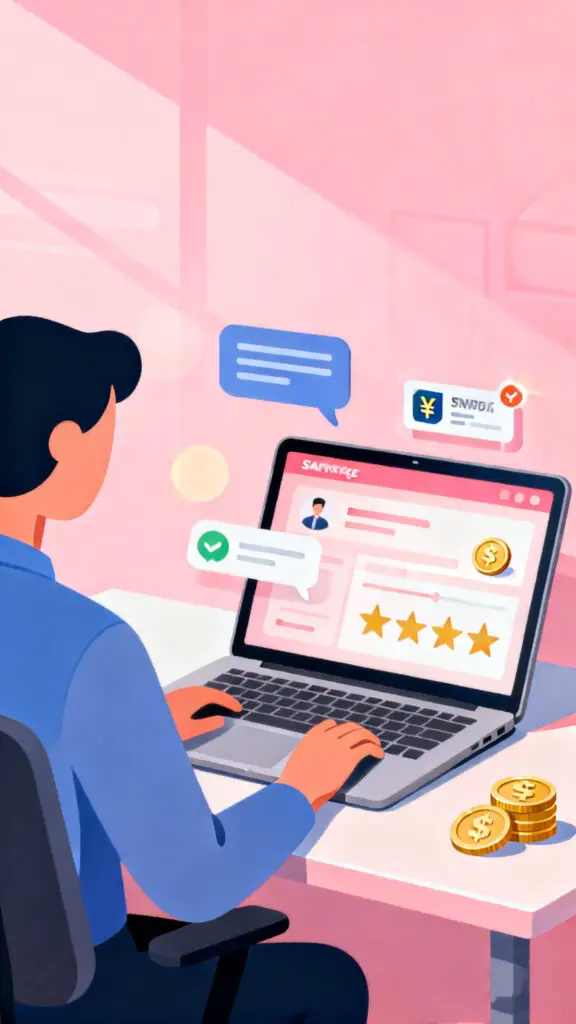 Illustration of a freelancer offering paid conversation services online through a laptop on a pastel pink background.