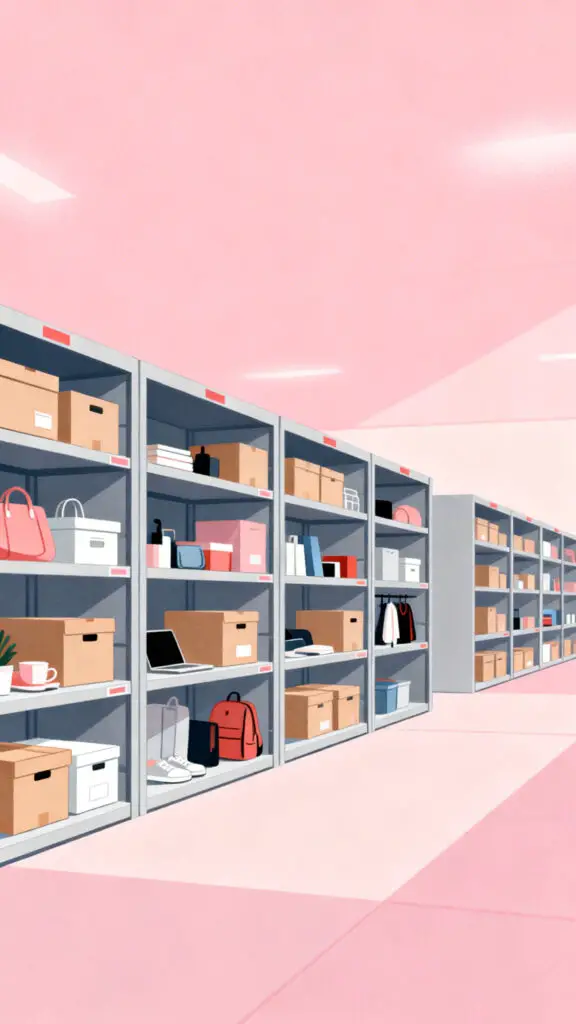 Illustration of storage units used for rental income with organized boxes on a pastel pink background.