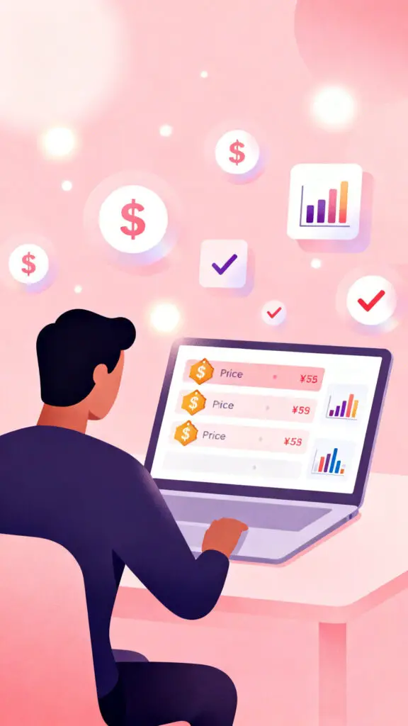 How to Price Your Digital Product for Maximum Sales 2 Illustration of a creator analyzing different pricing options for a digital product on a laptop with charts and price tags on a pastel pink background.