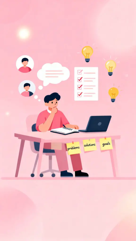 Illustration of a person uploading a digital product to an online platform with listing elements on a pastel pink background.