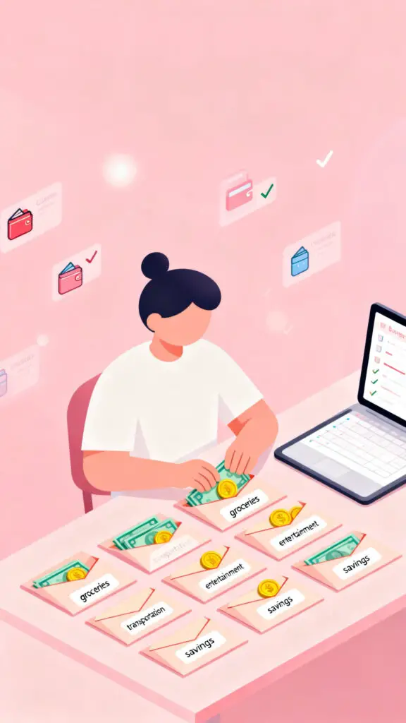 Illustration of a person organizing money into labeled budget envelopes for different spending categories on a pastel pink background.