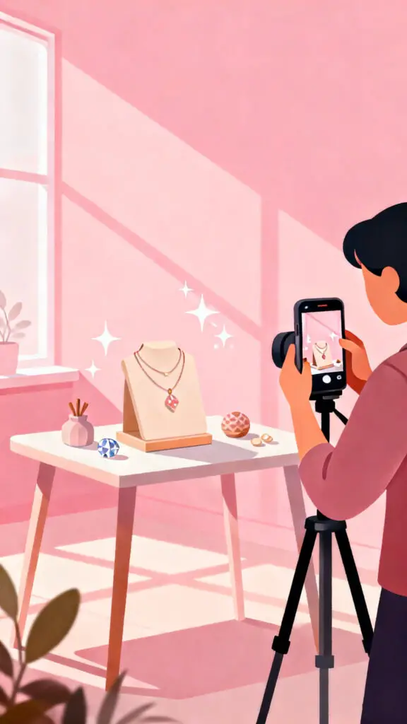 How To Make Money From Etsy 6 Illustration of a seller taking high quality product photos for an Etsy shop on a pastel pink background.