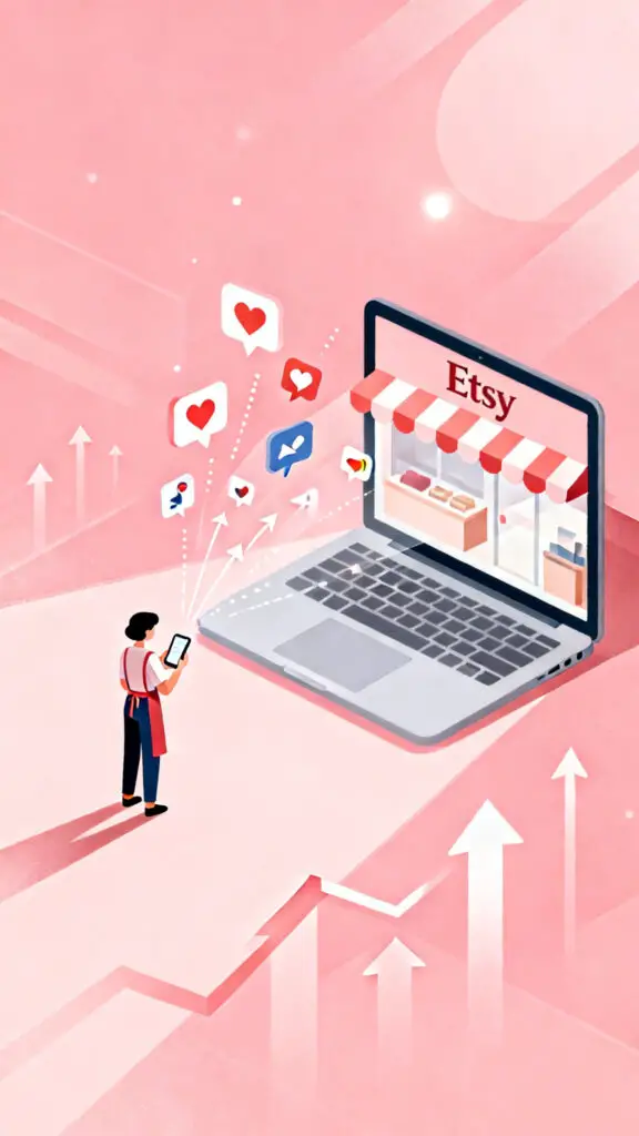 Illustration of a seller driving social media traffic to an Etsy shop on a pastel pink background.