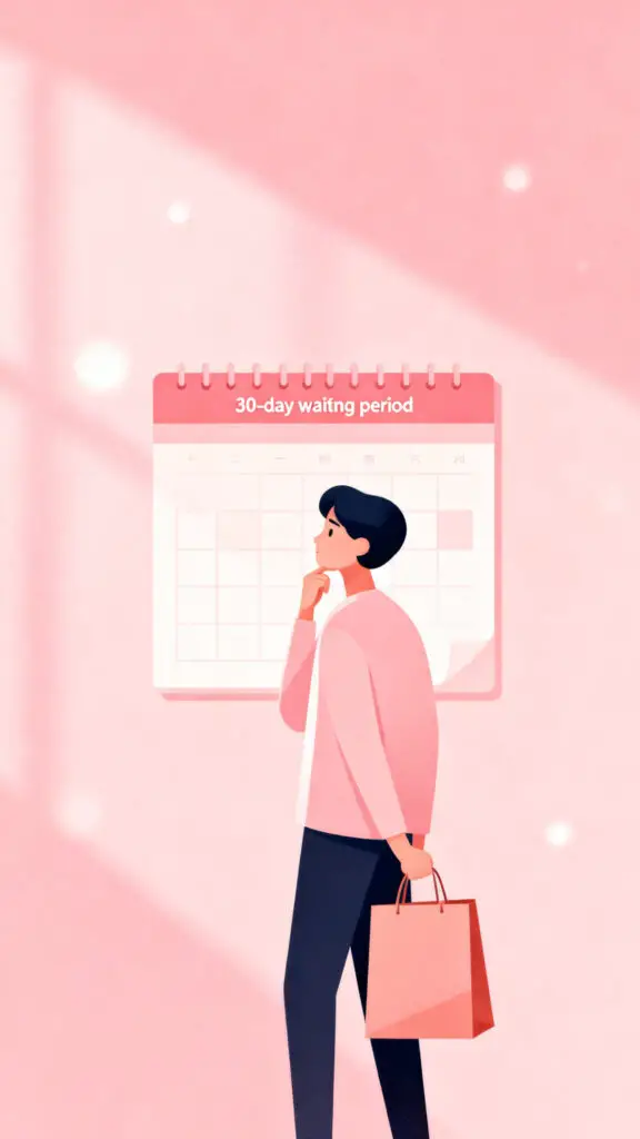 Best Way to Save $5,000 This Year 3 Illustration of a person delaying a purchase using a 30-day rule with a calendar on a pastel pink background.