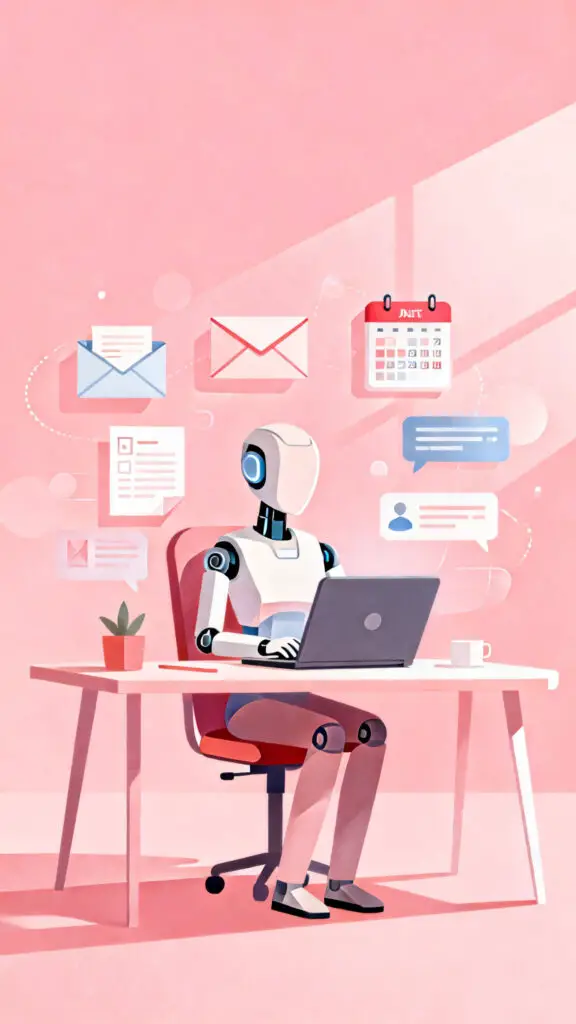 Illustration of a virtual assistant managing emails, schedules, and tasks on a laptop with icons floating around on a pastel pink background.