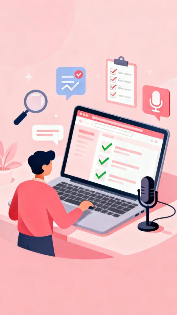 Illustration of a person testing a website on a laptop and giving feedback with review icons on a pastel pink background.