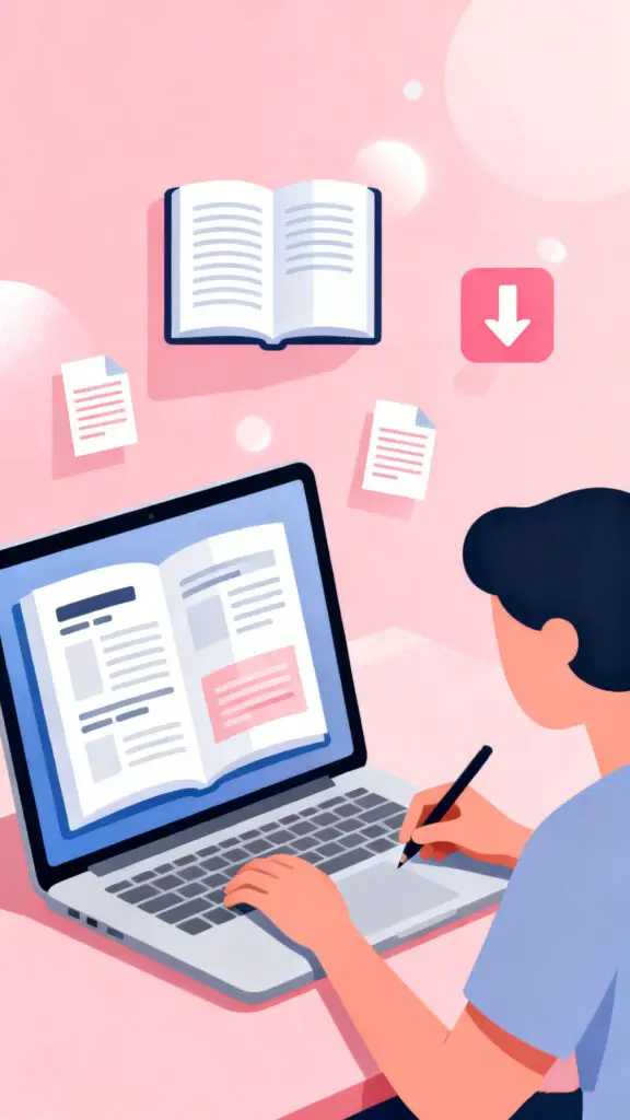 Illustration of a person writing and publishing a digital ebook on a laptop with book and download icons on a pastel pink background.