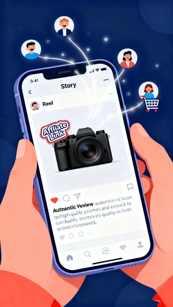 A modern vector illustration of a person sharing an affiliate product review on their phone, highlighting trust-based marketing.